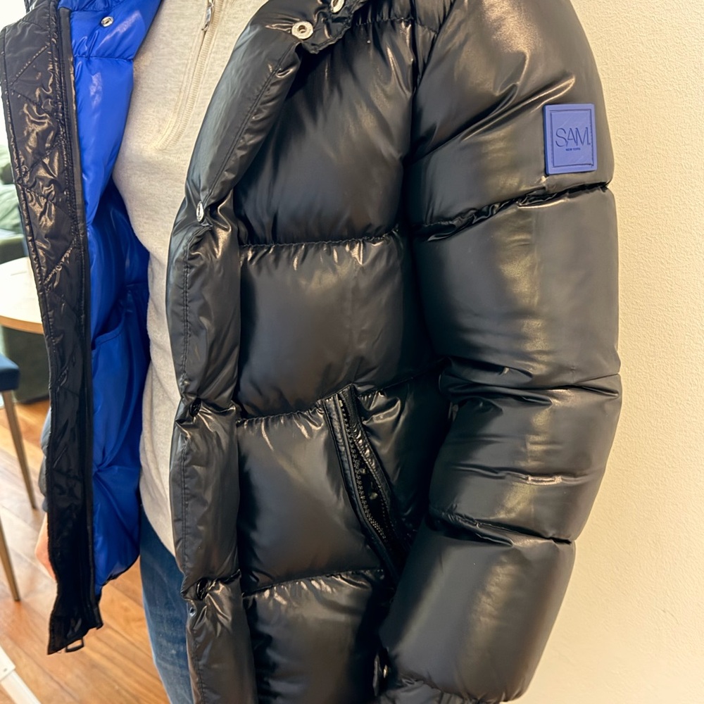 SAM. Shiny Black and Blue Puffer Coat